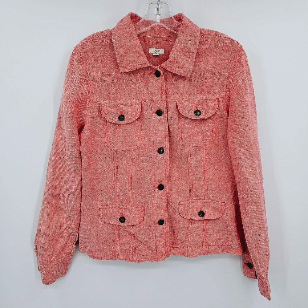 J Jill Linen Shirt Jacket Shacket S Red Button Front Long Sleeve Cropped Pockets
